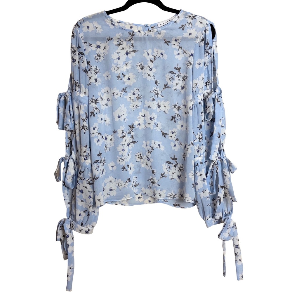 English Factory Blue Floral Blouse Tie Sleeve Boho Peasant Top